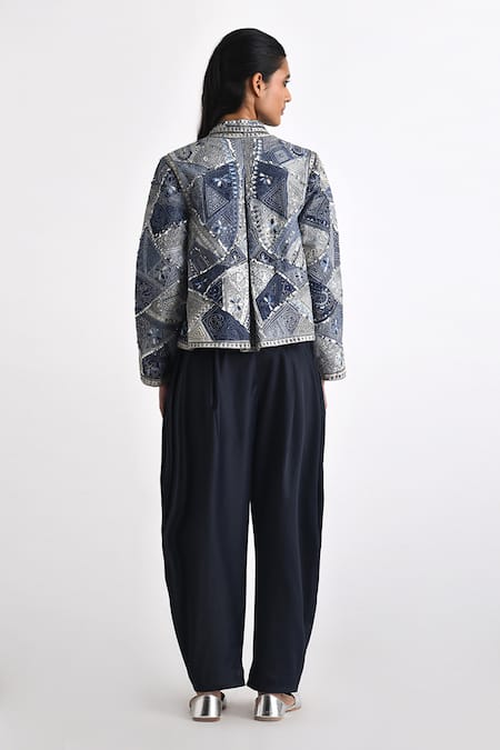 Shop Payal Pratap Blue Cotton Linen Embroidered Patchwork Band Collar Kedia Jacket at Aza Fashions Shop_Payal Pratap_Blue Cotton Linen Embroidered Patchwork Band Collar Kedia Jacket _at_Aza_Fashions