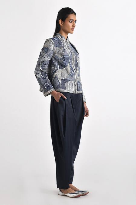 Payal Pratap Blue Cotton Linen Embroidered Patchwork Band Collar Kedia Jacket Online at Aza Fashions Payal Pratap_Blue Cotton Linen Embroidered Patchwork Band Collar Kedia Jacket _Online_at_Aza_Fashions