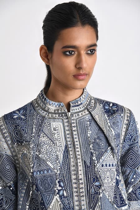 Buy Payal Pratap Blue Cotton Linen Embroidered Patchwork Band Collar Kedia Jacket Online at Aza Fashions Buy_Payal Pratap_Blue Cotton Linen Embroidered Patchwork Band Collar Kedia Jacket _Online_at_Aza_Fashions