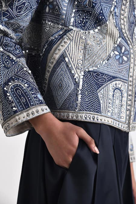 Shop Payal Pratap Blue Cotton Linen Embroidered Patchwork Band Collar Kedia Jacket Online at Aza Fashions Shop_Payal Pratap_Blue Cotton Linen Embroidered Patchwork Band Collar Kedia Jacket _Online_at_Aza_Fashions