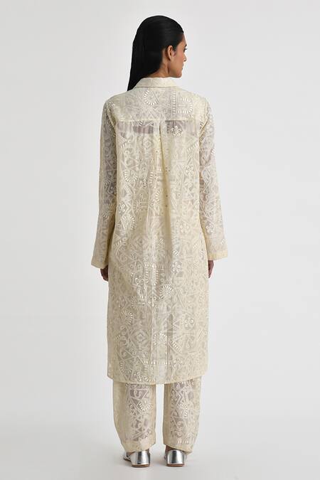 Shop_Payal Pratap_Off White Chanderi Embroidered Floral Collared Tinos Tunic _at_Aza_Fashions