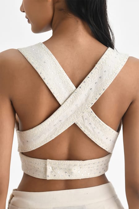 Shop Payal Pratap Off White Malkha Cotton Embroidery Sequin Gul V Neck Myrsina Crop Top at Aza Fashions Shop_Payal Pratap_Off White Malkha Cotton Embroidery Sequin Gul V Neck Myrsina Crop Top _at_Aza_Fashions
