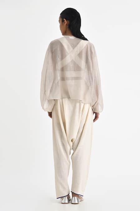 Shop Payal Pratap Off White Malkha Cotton Solid Tivas Zouave Draped Pant at Aza Fashions Shop_Payal Pratap_Off White Malkha Cotton Solid Tivas Zouave Draped Pant _at_Aza_Fashions