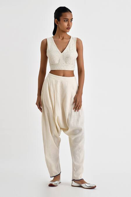 Payal Pratap Off White Malkha Cotton Solid Tivas Zouave Draped Pant Online at Aza Fashions Payal Pratap_Off White Malkha Cotton Solid Tivas Zouave Draped Pant _Online_at_Aza_Fashions