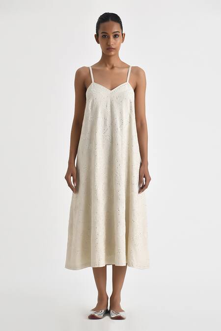 Payal Pratap Off White Malkha Cotton Embroidery Sequin Bloom Astras Strappy Dress Online at Aza Fashions Payal Pratap_Off White Malkha Cotton Embroidery Sequin Bloom Astras Strappy Dress _Online_at_Aza_Fashions