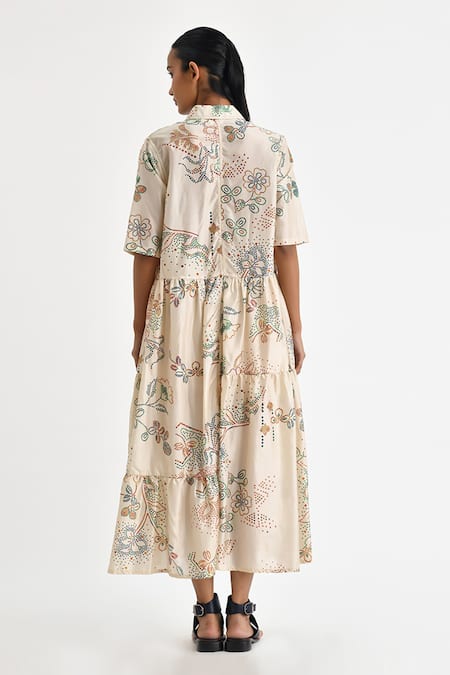Shop Payal Pratap Off White Silk Collared Ormos Wild Mosaic Print Tiered Shirt Dress at Aza Fashions Shop_Payal Pratap_Off White Silk Collared Ormos Wild Mosaic Print Tiered Shirt Dress _at_Aza_Fashions