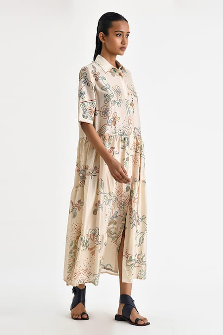 Payal Pratap Off White Silk Collared Ormos Wild Mosaic Print Tiered Shirt Dress Online at Aza Fashions Payal Pratap_Off White Silk Collared Ormos Wild Mosaic Print Tiered Shirt Dress _Online_at_Aza_Fashions