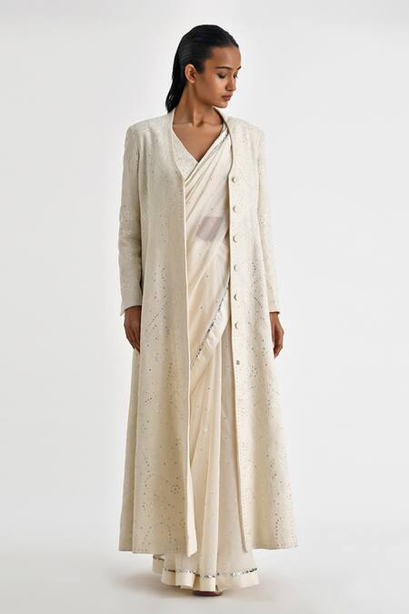 Payal Pratap Off White Malkha Cotton Embroidery Sequin Blossom Open Neck Long Jacket Online at Aza Fashions Payal Pratap_Off White Malkha Cotton Embroidery Sequin Blossom Open Neck Long Jacket _Online_at_Aza_Fashions