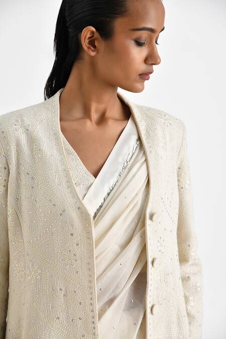 Buy Payal Pratap Off White Malkha Cotton Embroidery Sequin Blossom Open Neck Long Jacket Online at Aza Fashions Buy_Payal Pratap_Off White Malkha Cotton Embroidery Sequin Blossom Open Neck Long Jacket _Online_at_Aza_Fashions