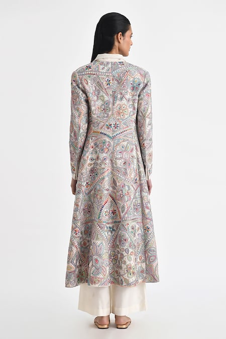 Shop_Payal Pratap_Multi Color Malkha Cotton Embroidery Fleur Lapel Collar Long Blazer Jacket _at_Aza_Fashions