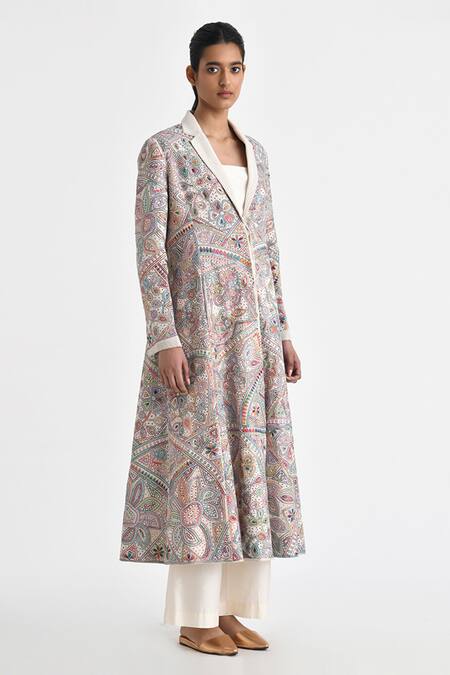 Payal Pratap_Multi Color Malkha Cotton Embroidery Fleur Lapel Collar Long Blazer Jacket _Online_at_Aza_Fashions