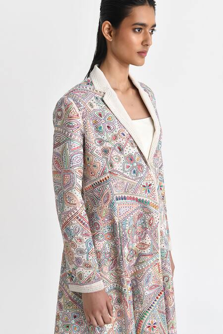 Buy_Payal Pratap_Multi Color Malkha Cotton Embroidery Fleur Lapel Collar Long Blazer Jacket _Online_at_Aza_Fashions