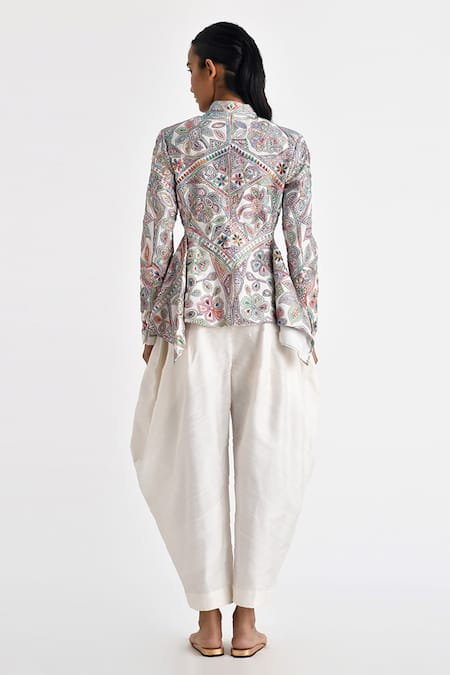 Shop_Payal Pratap_Off White Malkha Cotton Embroidery Florence Band Antea Asymmetric Jacket _at_Aza_Fashions
