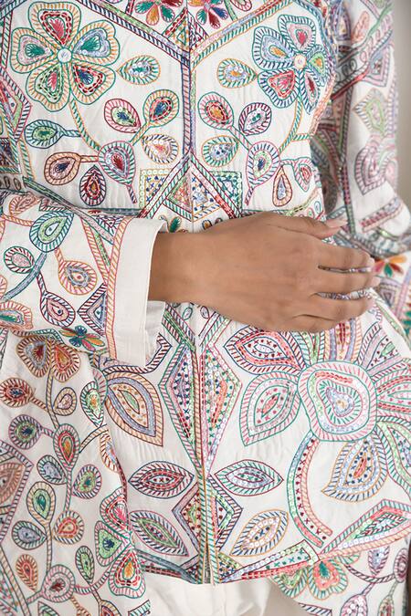 Shop_Payal Pratap_Off White Malkha Cotton Embroidery Florence Band Antea Asymmetric Jacket _Online_at_Aza_Fashions