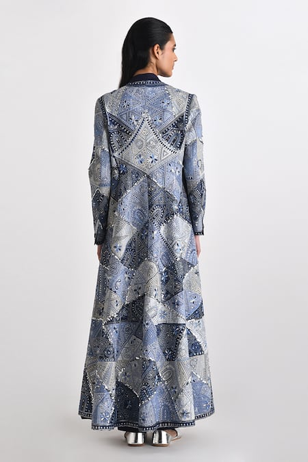 Shop_Payal Pratap_Blue Chanderi Embroidered Kedhia Mandarin Collar Cefula Patchwork Long Jacket _at_Aza_Fashions