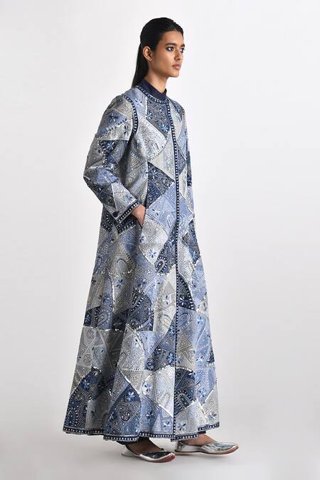 Payal Pratap_Blue Chanderi Embroidered Kedhia Mandarin Collar Cefula Patchwork Long Jacket _Online_at_Aza_Fashions