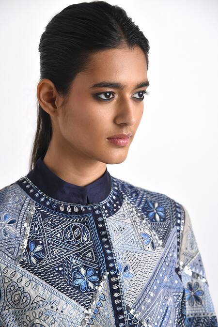 Buy_Payal Pratap_Blue Chanderi Embroidered Kedhia Mandarin Collar Cefula Patchwork Long Jacket _Online_at_Aza_Fashions