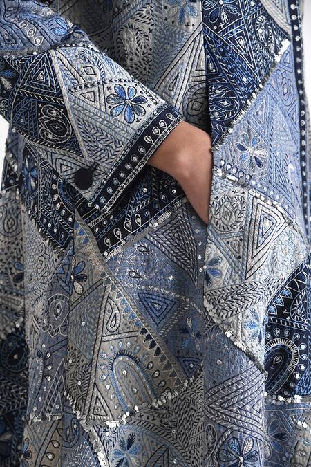 Shop_Payal Pratap_Blue Chanderi Embroidered Kedhia Mandarin Collar Cefula Patchwork Long Jacket _Online_at_Aza_Fashions