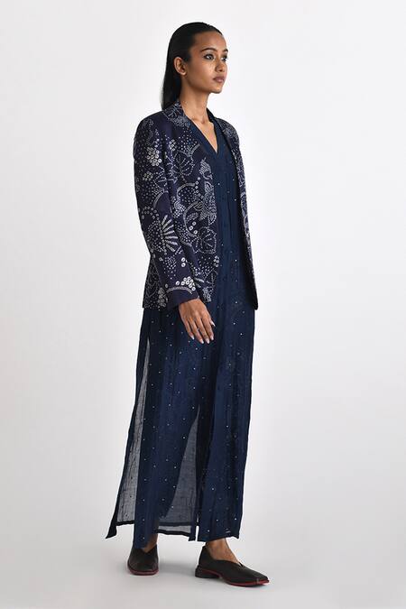 Payal Pratap_Blue Linen Satin Printed Bandhani Open Merbaka Jacket _Online_at_Aza_Fashions
