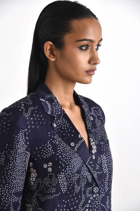 Buy Payal Pratap Blue Linen Satin Printed Bandhani Lapel Collar Floral Jacket Online at Aza Fashions Buy_Payal Pratap_Blue Linen Satin Printed Bandhani Lapel Collar Floral Jacket _Online_at_Aza_Fashions