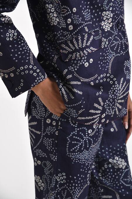Shop Payal Pratap Blue Linen Satin Printed Bandhani Lapel Collar Floral Jacket Online at Aza Fashions Shop_Payal Pratap_Blue Linen Satin Printed Bandhani Lapel Collar Floral Jacket _Online_at_Aza_Fashions