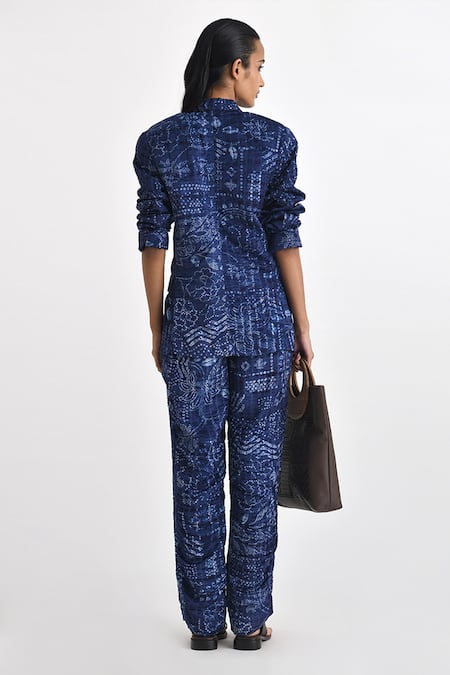 Shop_Payal Pratap_Blue Linen Satin Printed Shibori Lapel Collar Jacket _at_Aza_Fashions
