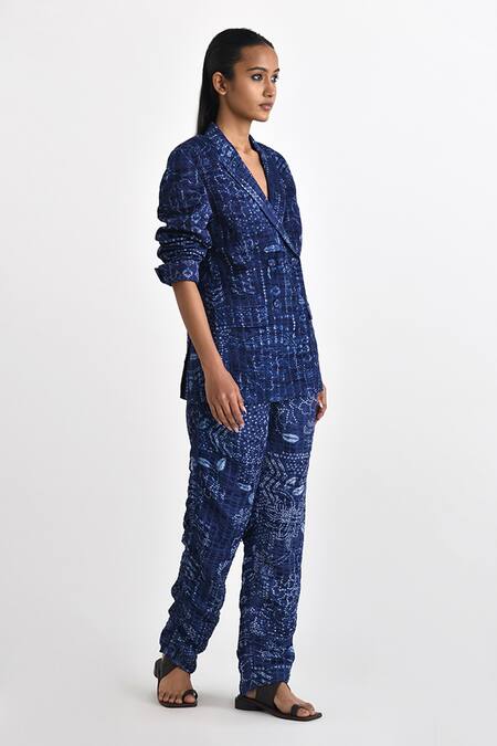 Payal Pratap_Blue Linen Satin Printed Shibori Lapel Collar Jacket _Online_at_Aza_Fashions