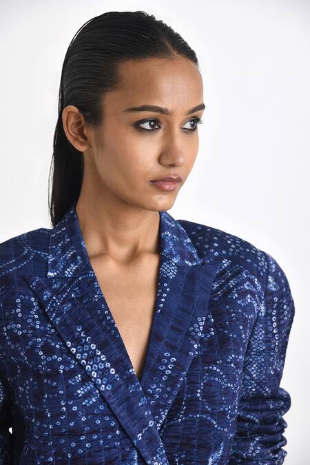 Buy_Payal Pratap_Blue Linen Satin Printed Shibori Lapel Collar Jacket _Online_at_Aza_Fashions