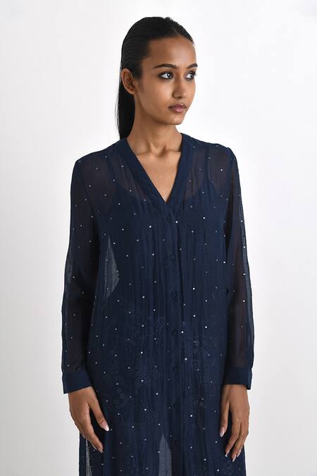 Payal Pratap Blue Chanderi Embellished Sequin V-neck Bastatika Tunic Online at Aza Fashions Payal Pratap_Blue Chanderi Embellished Sequin V-neck Bastatika Tunic _Online_at_Aza_Fashions