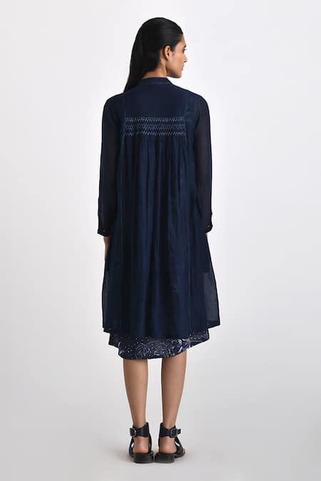 Shop Payal Pratap Blue Chanderi Printed Bandhani Tunic Mandarin Collar Floral Patchwork at Aza Fashions Shop_Payal Pratap_Blue Chanderi Printed Bandhani Tunic Mandarin Collar Floral Patchwork _at_Aza_Fashions