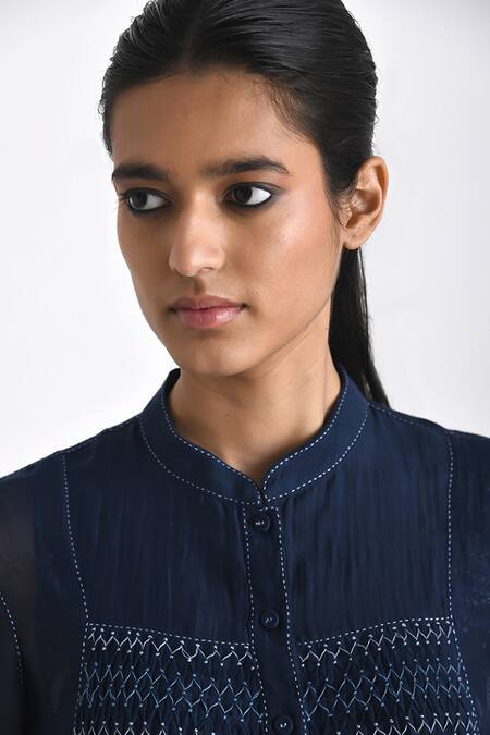 Buy Payal Pratap Blue Chanderi Printed Bandhani Tunic Mandarin Collar Floral Patchwork Online at Aza Fashions Buy_Payal Pratap_Blue Chanderi Printed Bandhani Tunic Mandarin Collar Floral Patchwork _Online_at_Aza_Fashions