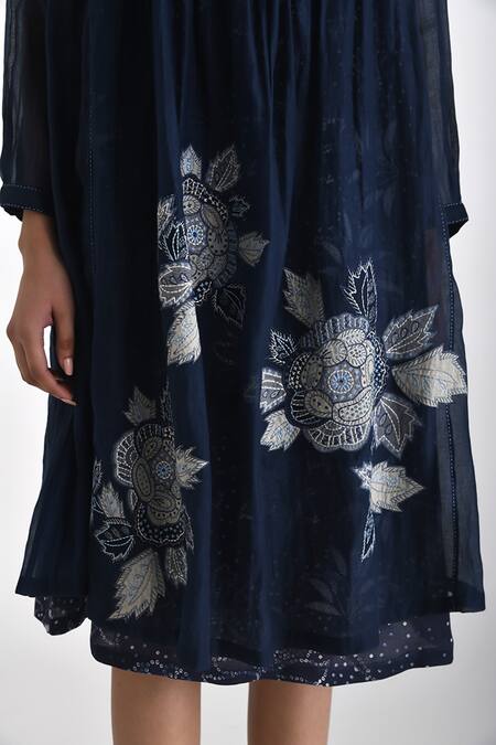 Shop Payal Pratap Blue Chanderi Printed Bandhani Tunic Mandarin Collar Floral Patchwork Online at Aza Fashions Shop_Payal Pratap_Blue Chanderi Printed Bandhani Tunic Mandarin Collar Floral Patchwork _Online_at_Aza_Fashions