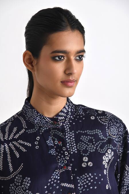 Buy Payal Pratap Blue Linen Satin Printed Bandhani Mandarin Collar Button-down Tunic Online at Aza Fashions Buy_Payal Pratap_Blue Linen Satin Printed Bandhani Mandarin Collar Button-down Tunic _Online_at_Aza_Fashions
