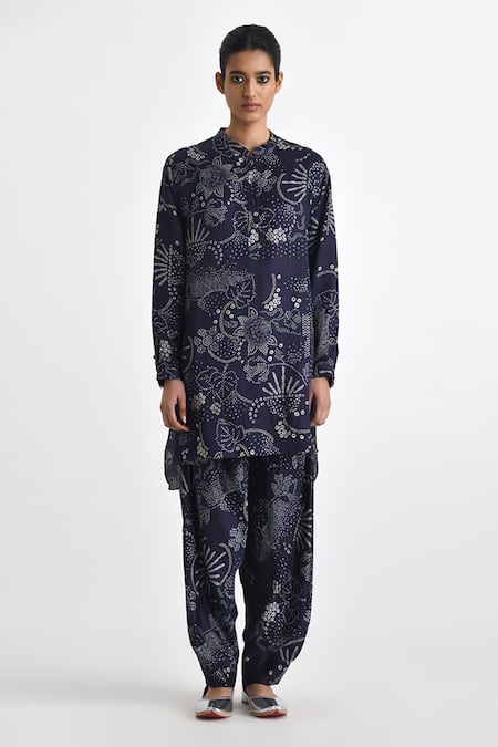 Payal Pratap Blue Linen Satin Printed Bandhani Mandarin Paria High-low Tunic With Pant 