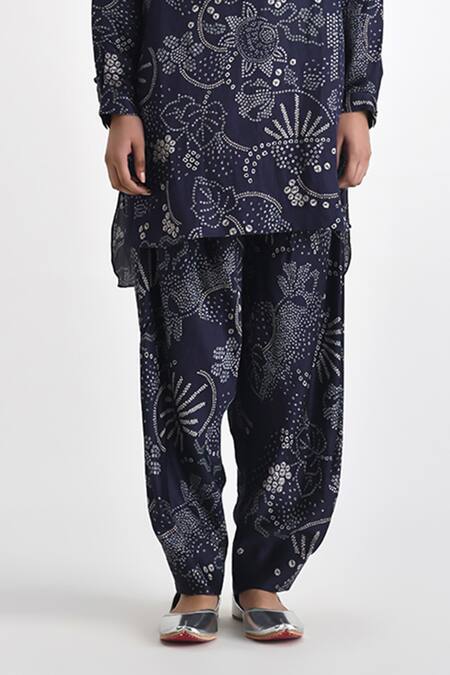 Payal Pratap Blue Linen, Satin Embroidery Mandarin Paria Printed High-low Tunic With Pant Online at Aza Fashions Payal Pratap_Blue Linen, Satin Embroidery Mandarin Paria Printed High-low Tunic With Pant _Online_at_Aza_Fashions