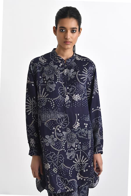 Shop Payal Pratap Blue Linen, Satin Embroidery Mandarin Paria Printed High-low Tunic With Pant Online at Aza Fashions Shop_Payal Pratap_Blue Linen, Satin Embroidery Mandarin Paria Printed High-low Tunic With Pant _Online_at_Aza_Fashions