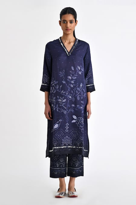 Payal Pratap Blue Linen Satin Printed Bandhani V-neck Cortina Sequined Tunic With Pant 