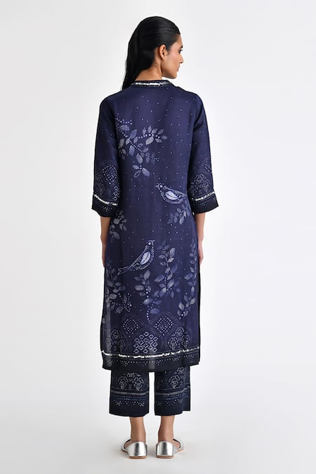 Shop Payal Pratap Blue Linen, Satin Sequins V-neck Cortina Printed Tunic With Pant at Aza Fashions Shop_Payal Pratap_Blue Linen, Satin Sequins V-neck Cortina Printed Tunic With Pant _at_Aza_Fashions