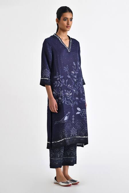 Buy Payal Pratap Blue Linen, Satin Sequins V-neck Cortina Printed Tunic With Pant Online at Aza Fashions Buy_Payal Pratap_Blue Linen, Satin Sequins V-neck Cortina Printed Tunic With Pant _Online_at_Aza_Fashions