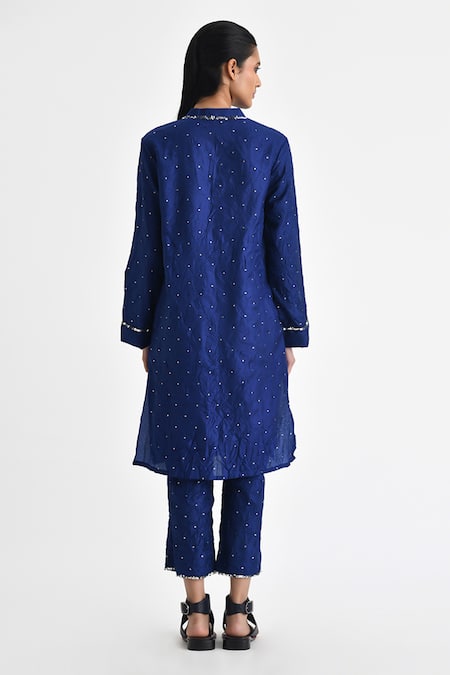 Shop Payal Pratap Blue Silk Sequins Mandarin Collar Denmar Textured Tunic With Pant at Aza Fashions Shop_Payal Pratap_Blue Silk Sequins Mandarin Collar Denmar Textured Tunic With Pant _at_Aza_Fashions