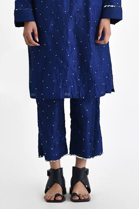 Payal Pratap Blue Silk Sequins Mandarin Collar Denmar Textured Tunic With Pant Online at Aza Fashions Payal Pratap_Blue Silk Sequins Mandarin Collar Denmar Textured Tunic With Pant _Online_at_Aza_Fashions