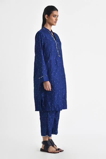 Buy Payal Pratap Blue Silk Sequins Mandarin Collar Denmar Textured Tunic With Pant Online at Aza Fashions Buy_Payal Pratap_Blue Silk Sequins Mandarin Collar Denmar Textured Tunic With Pant _Online_at_Aza_Fashions