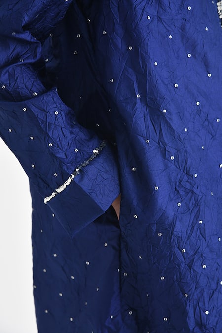 Shop Payal Pratap Blue Silk Sequins Mandarin Collar Denmar Textured Tunic With Pant Online at Aza Fashions Shop_Payal Pratap_Blue Silk Sequins Mandarin Collar Denmar Textured Tunic With Pant _Online_at_Aza_Fashions