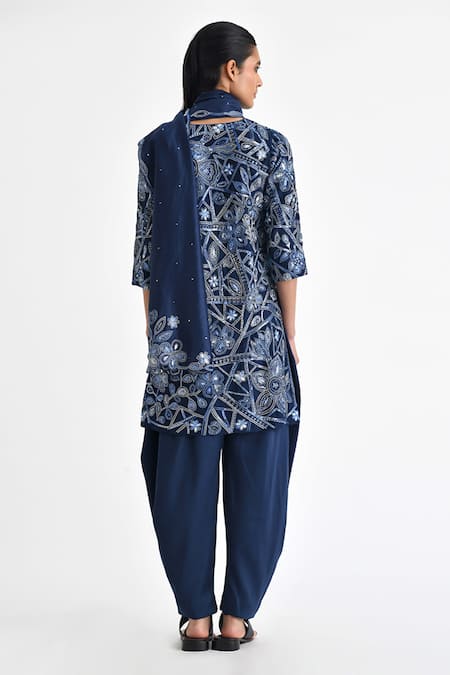 Shop Payal Pratap Blue Chanderi, Satin Sequins, Caroline Kedia Work Tunic Cowl Pant Set at Aza Fashions Shop_Payal Pratap_Blue Chanderi, Satin Sequins, Caroline Kedia Work Tunic Cowl Pant Set _at_Aza_Fashions