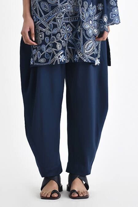 Payal Pratap Blue Chanderi, Satin Sequins, Caroline Kedia Work Tunic Cowl Pant Set Online at Aza Fashions Payal Pratap_Blue Chanderi, Satin Sequins, Caroline Kedia Work Tunic Cowl Pant Set _Online_at_Aza_Fashions