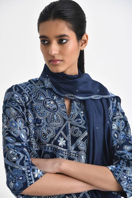Shop Payal Pratap Blue Chanderi, Satin Sequins, Caroline Kedia Work Tunic Cowl Pant Set Online at Aza Fashions Shop_Payal Pratap_Blue Chanderi, Satin Sequins, Caroline Kedia Work Tunic Cowl Pant Set _Online_at_Aza_Fashions