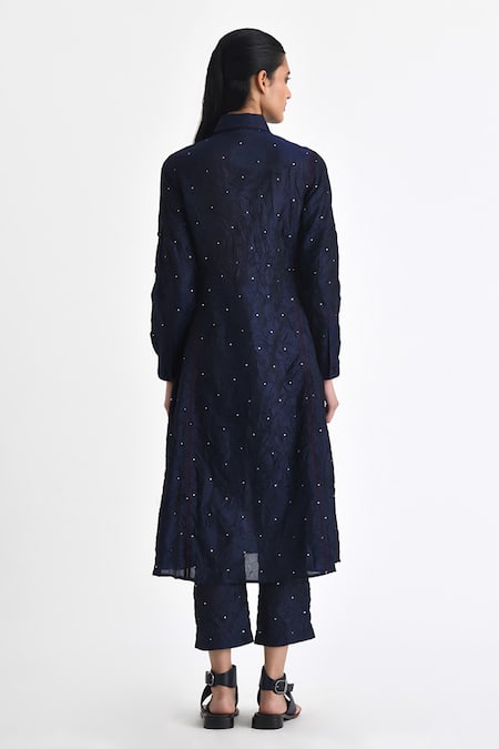 Shop Payal Pratap Blue Silk Sequins, Embroidery Collared Malizia Textured Tunic With Pant at Aza Fashions Shop_Payal Pratap_Blue Silk Sequins, Embroidery Collared Malizia Textured Tunic With Pant _at_Aza_Fashions