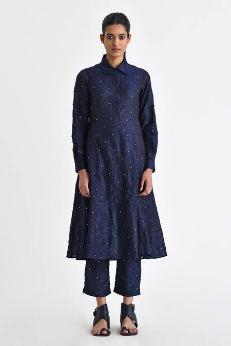Payal Pratap Blue Silk Sequins, Embroidery Collared Malizia Textured Tunic With Pant Online at Aza Fashions Payal Pratap_Blue Silk Sequins, Embroidery Collared Malizia Textured Tunic With Pant _Online_at_Aza_Fashions