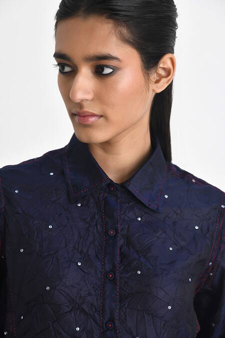 Shop Payal Pratap Blue Silk Sequins, Embroidery Collared Malizia Textured Tunic With Pant Online at Aza Fashions Shop_Payal Pratap_Blue Silk Sequins, Embroidery Collared Malizia Textured Tunic With Pant _Online_at_Aza_Fashions