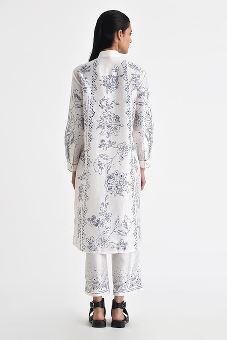 Shop Payal Pratap Ivory Silk Embroidery Mandarin Collar Iaroki Floral Vine Print Tunic With Pant at Aza Fashions Shop_Payal Pratap_Ivory Silk Embroidery Mandarin Collar Iaroki Floral Vine Print Tunic With Pant _at_Aza_Fashions